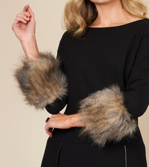 Black Wool Two Layered Dress with faux fur trim
