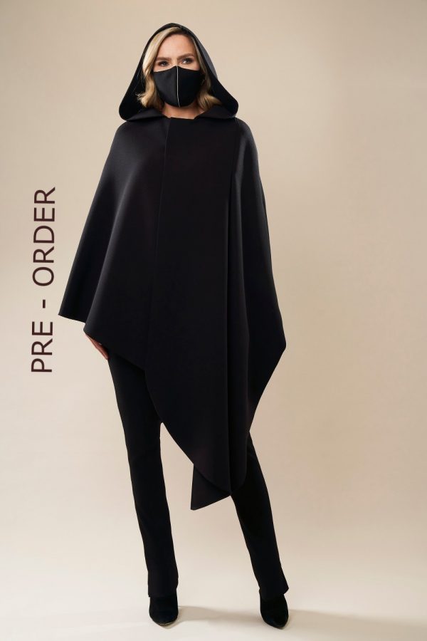 Black wool crepe cape coat