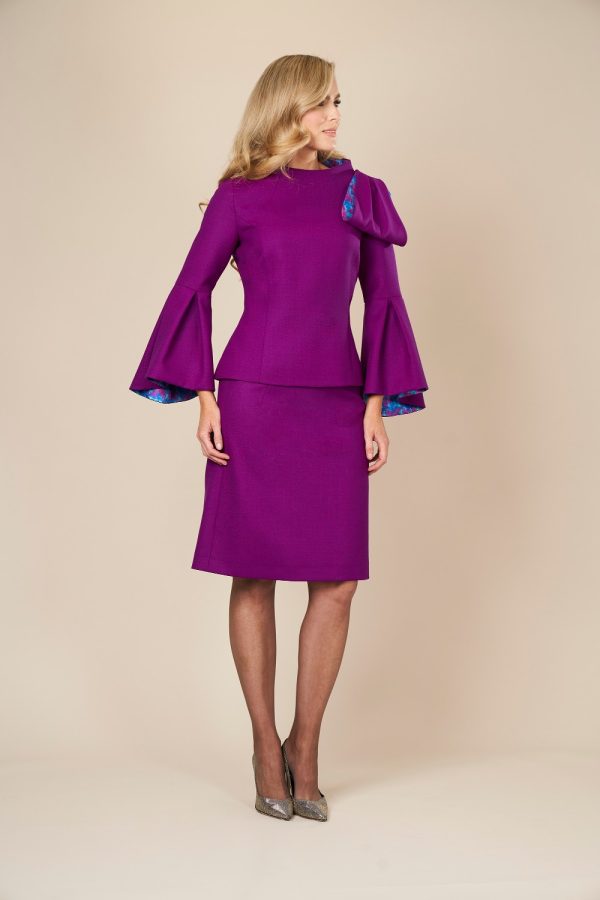 Purple wool two piece outfit by Maire Forkin